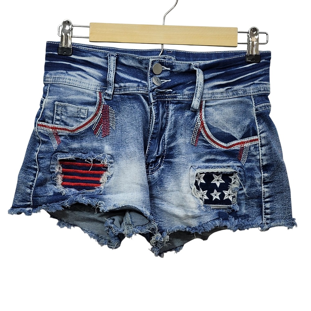 Womens Patriotic Americana Distressed Denim Shorts Star Stripe Cutoffs Size M